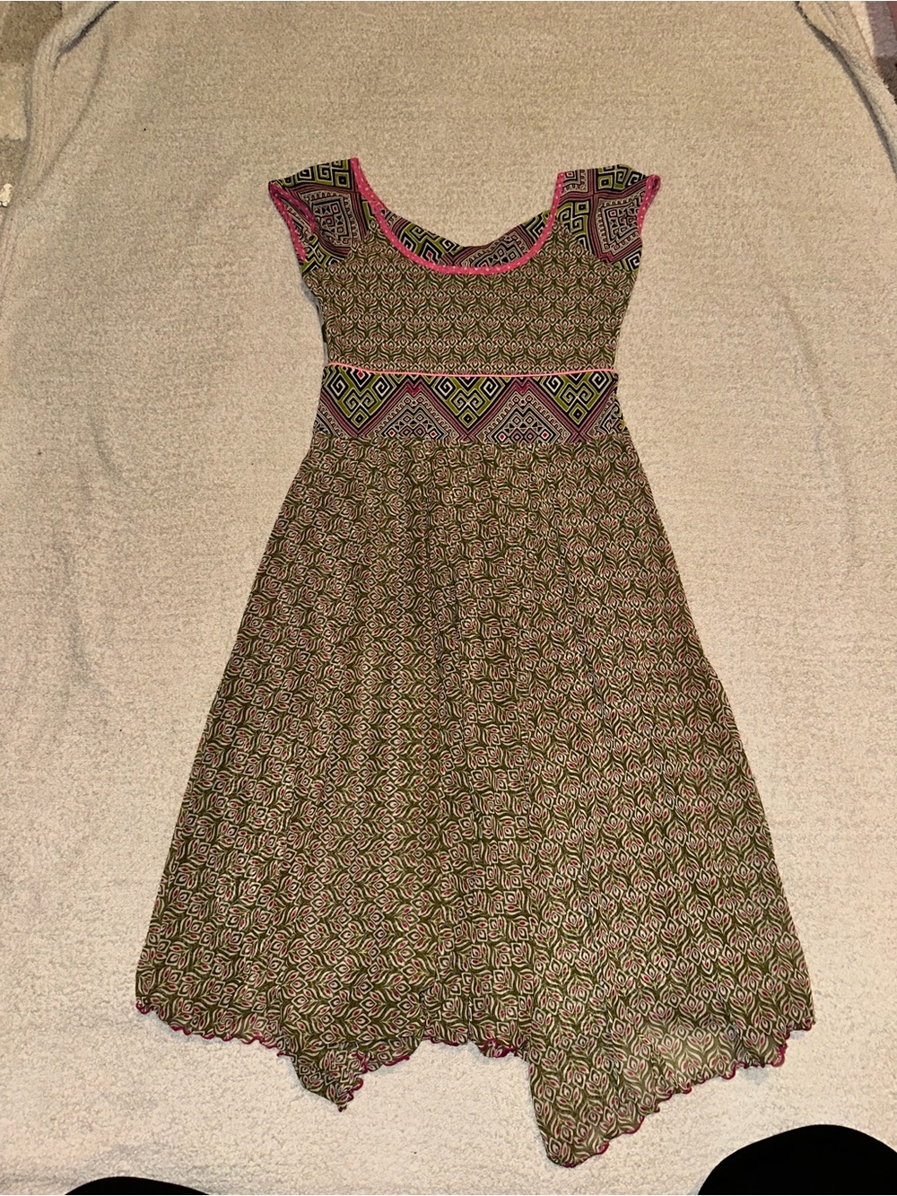 Anac Olive Green Printed Asymmetrical Dress with Pink Trim